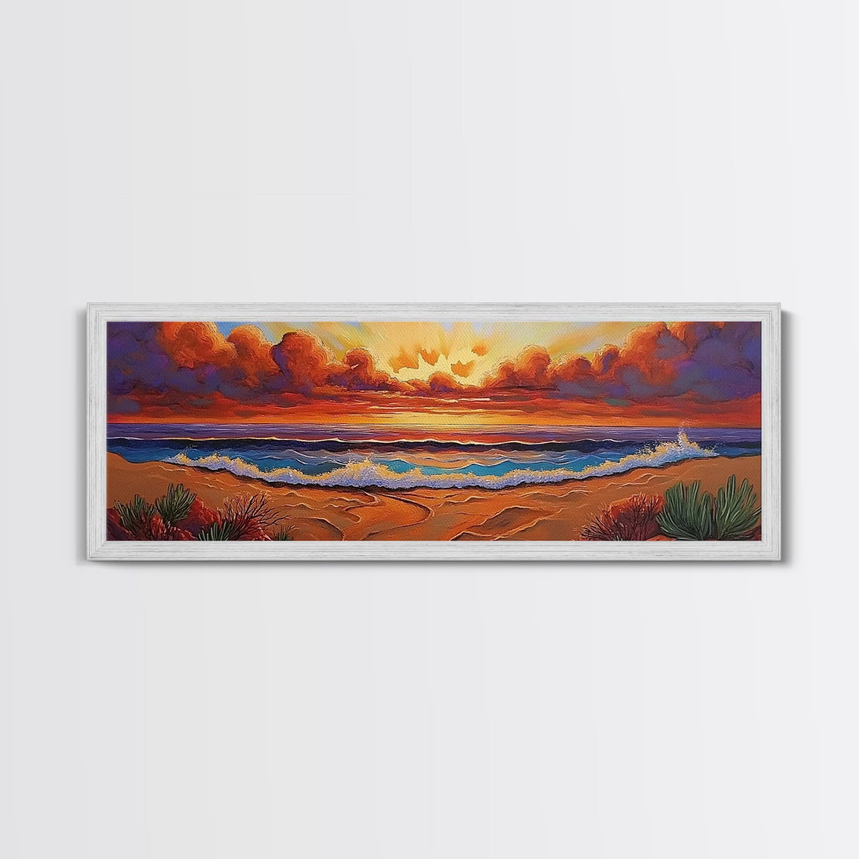 Sunset Coastline, Dramatic Sky, Evening Surf, Autumn Horizon Framed Canvas Print, Dining Room Wall Art, Moody Coastal Art
