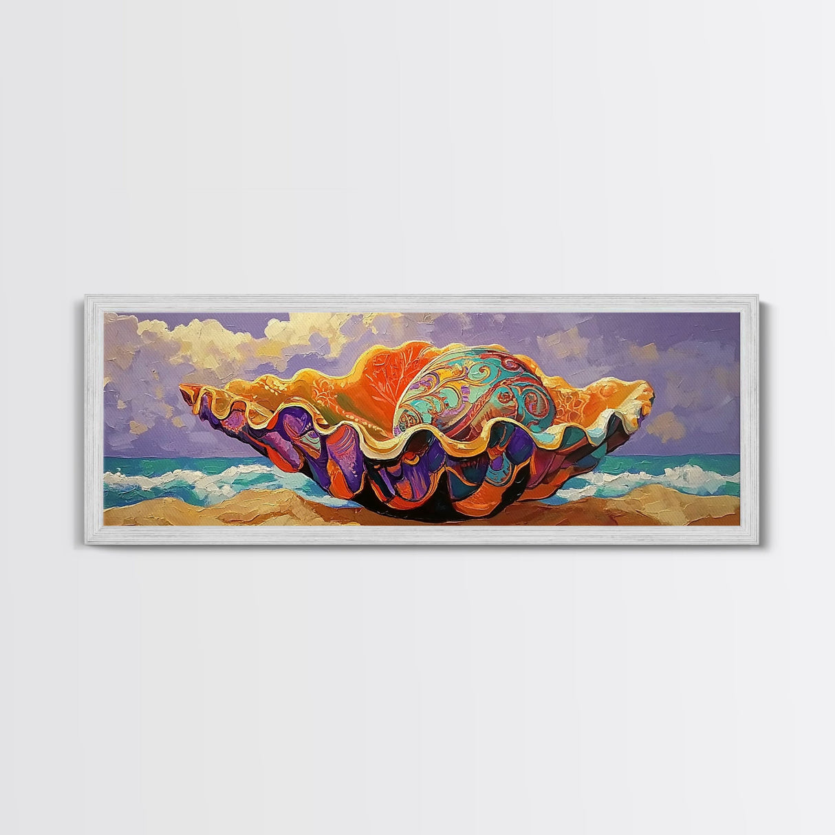 Sea Shell, Ocean Treasure, Vibrant Shell, Beach Fantasy, Framed Canvas Print coastal kitchen art, eclectic decor, colorful wall print
