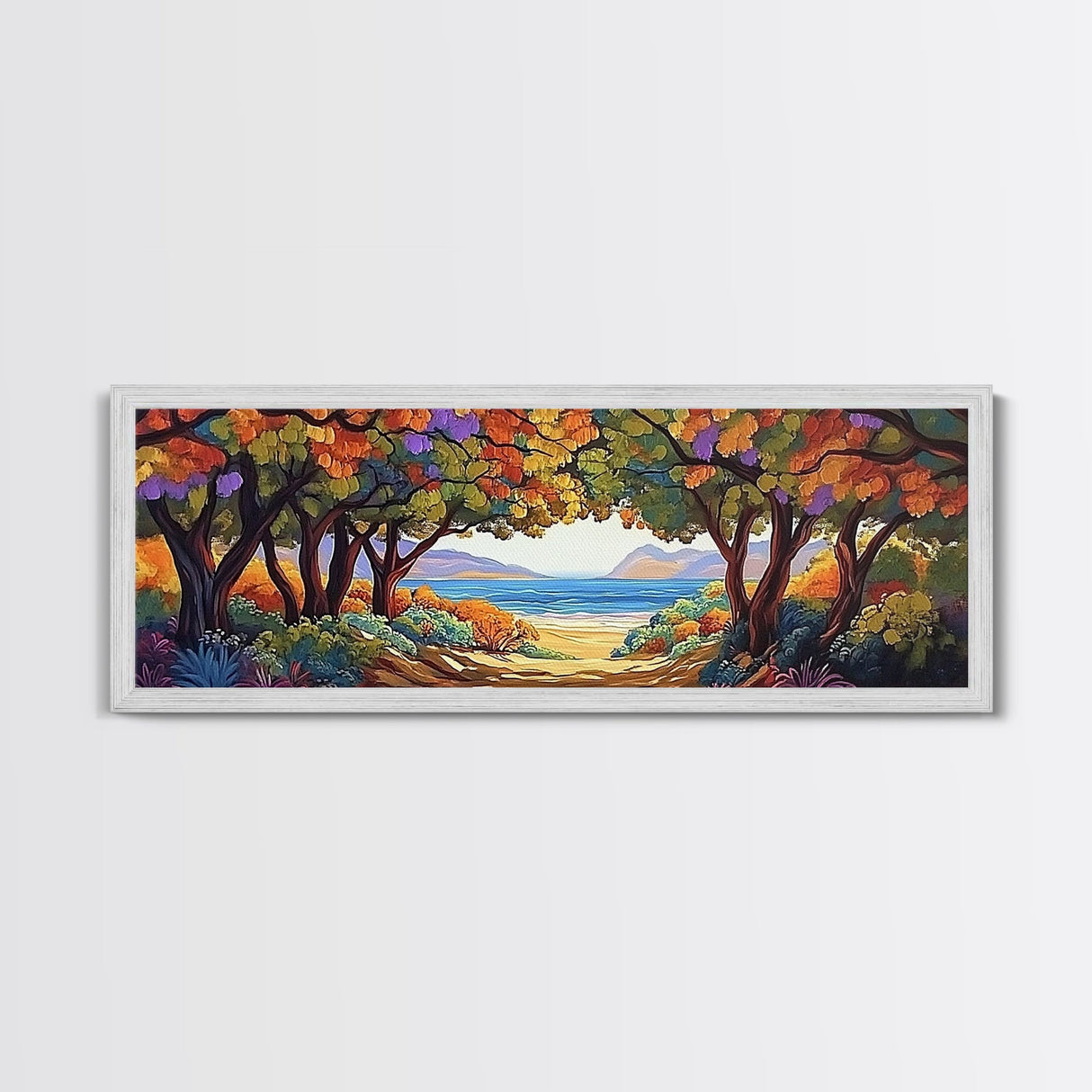 Seaside Trees, Autumn Canopy, Ocean View, Coastal Path, Framed Canvas Print colorful fall wall art, entryway decor, boho nature scene