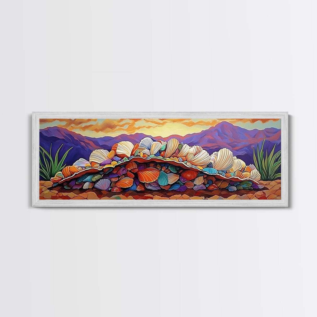 Colorful Shell Art, Coastal Mountain Decor, Ocean Nature Vibes, Beach Shell Wall, Framed Canvas Print, Living Room Coastal Boho Art