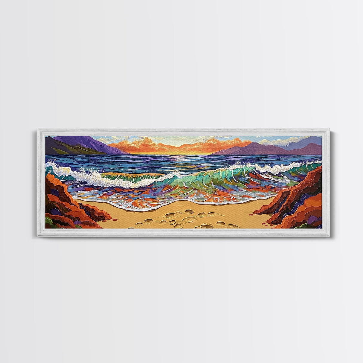Sunset Shore View, Vibrant Ocean Wave, Footprints in Sand, Coastal Seascape Art, Framed Canvas Print, Beach House Wall Decor