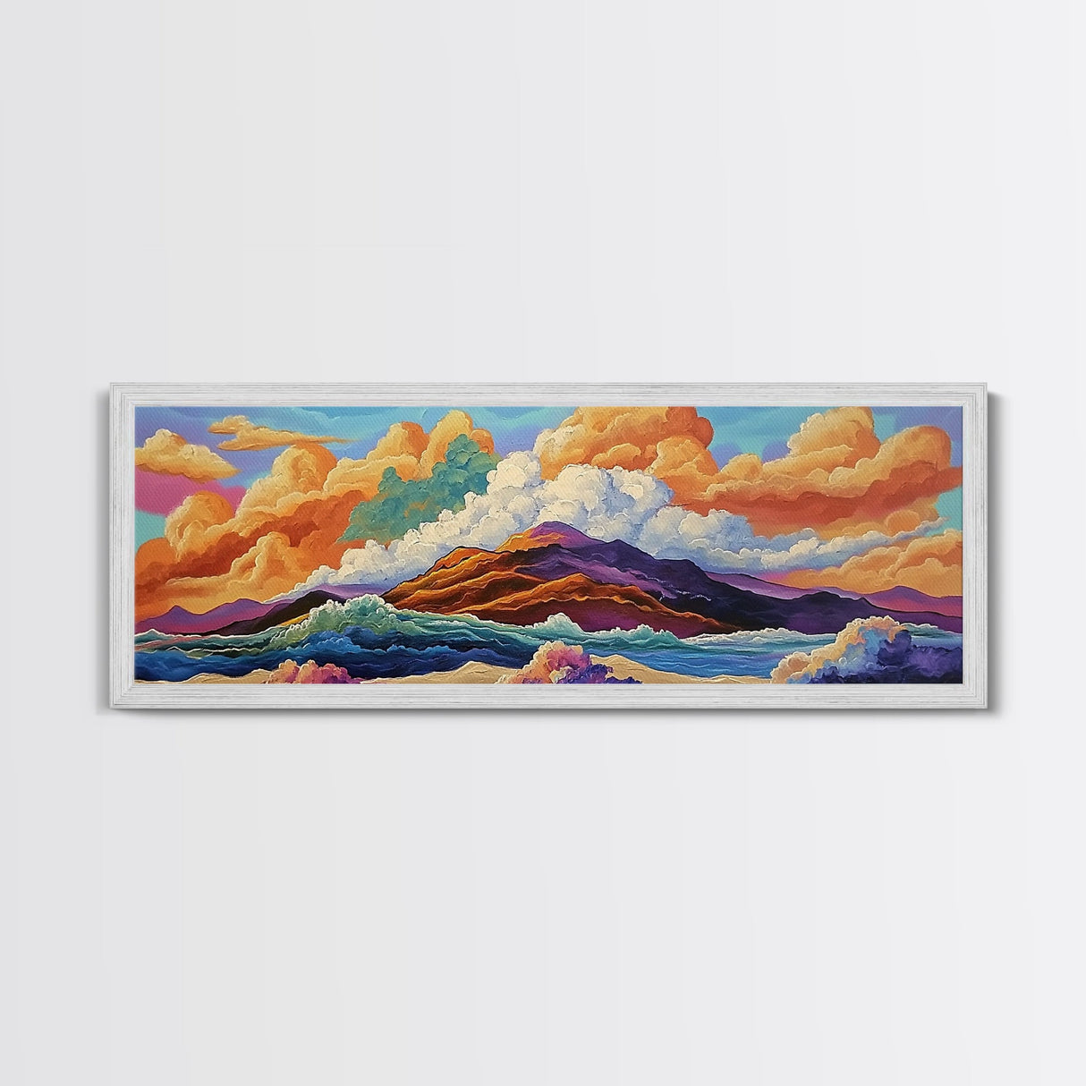 Mountain Coast, Color Clouds, Seaside Vibes, Framed Canvas Print, Tropical Landscape Art, Sunset Wall Decor, Bright Ocean Style