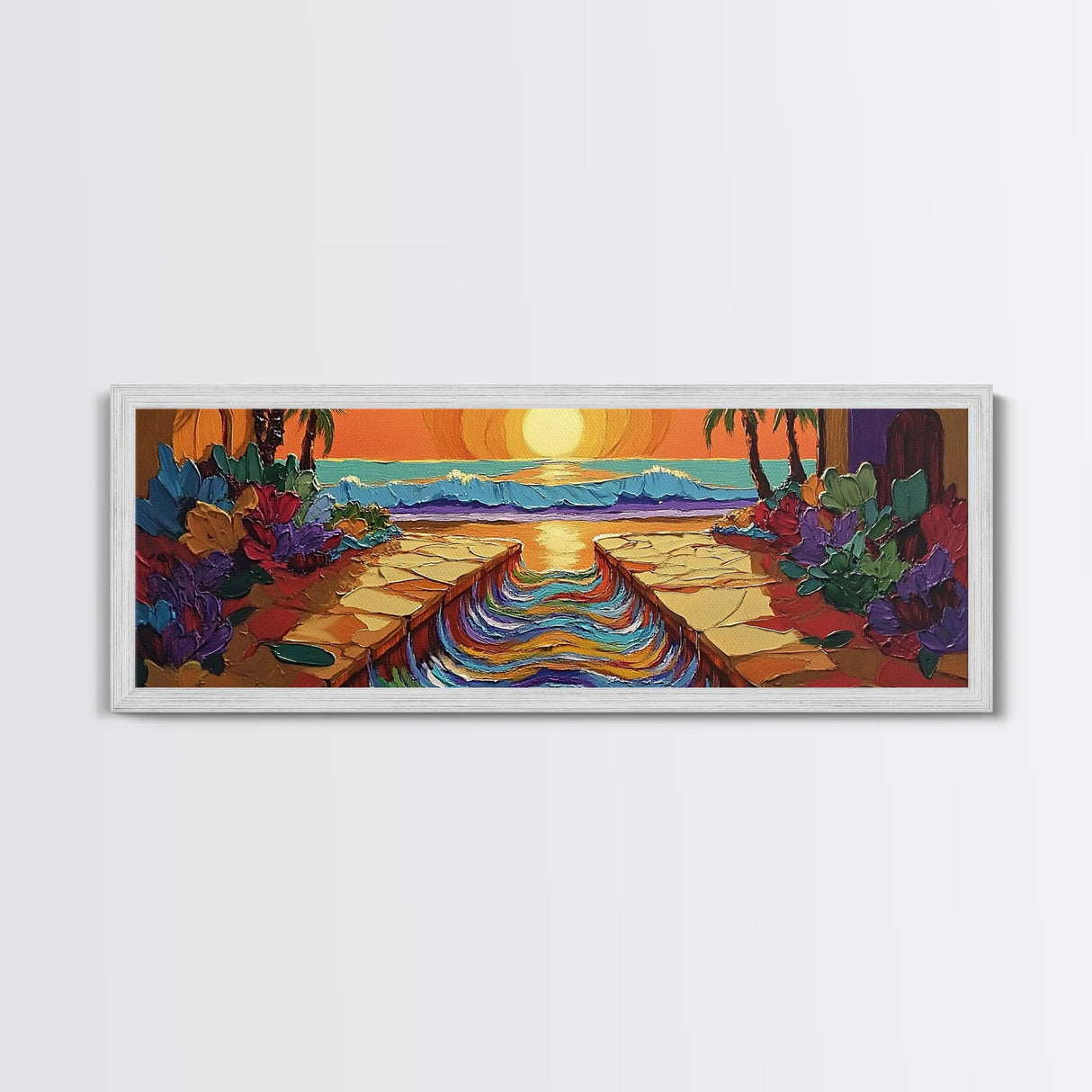 Sunset Path, Ocean View, Tropical Flowers, Canvas Print, Vibrant Beach House Wall Art, Bold Color Decor, Coastal Living Room Art