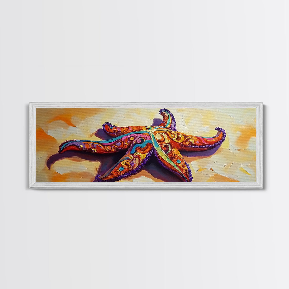 Starfish Pattern, Bold Beach, Ocean Life, Framed Canvas Print, Coastal Bathroom Wall Art, Nautical Boho Decor, Summer Ocean Style