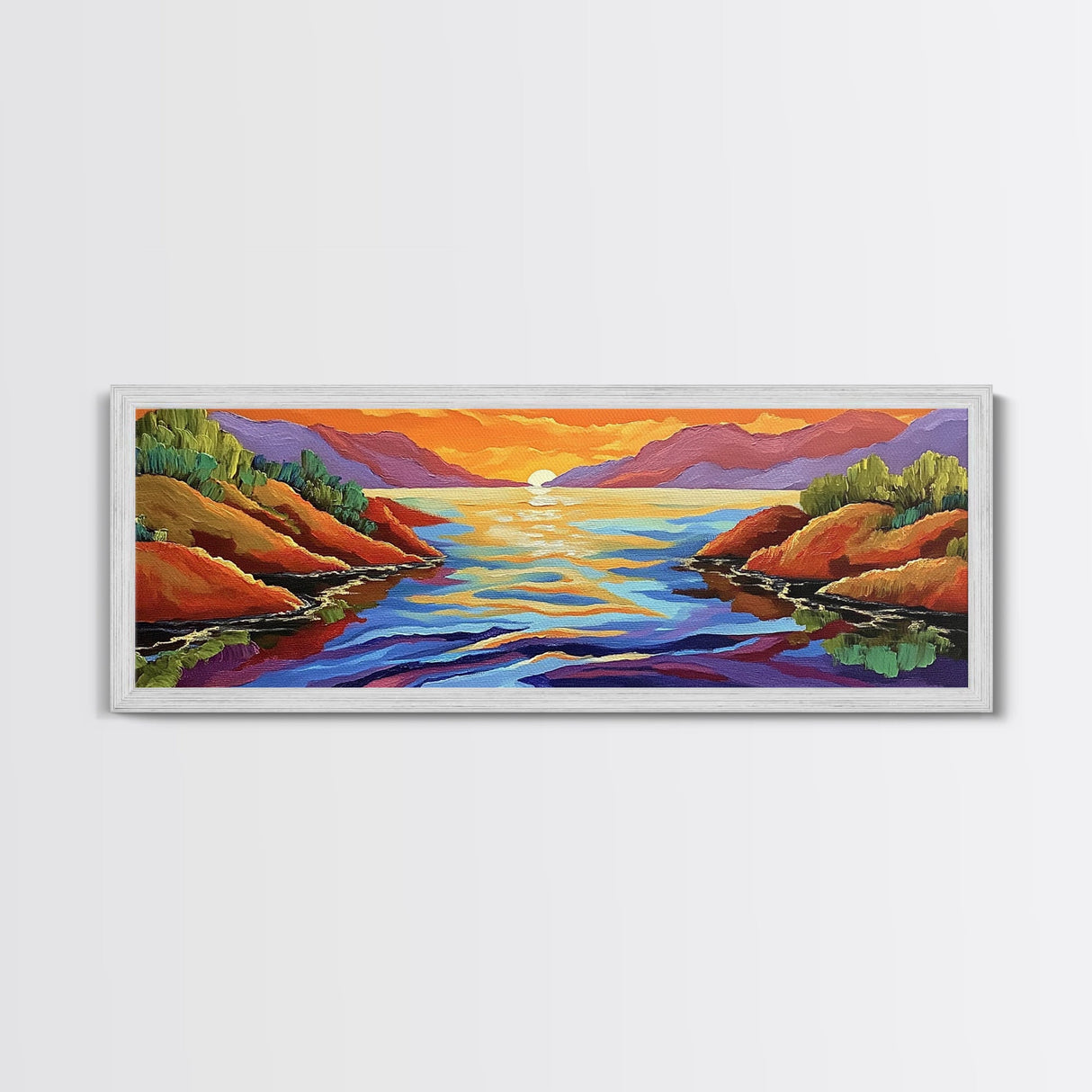 Sunset Lake, Mountain Reflection, Bold Colors, Canvas Print, Tranquil Landscape Art, Living Room Wall Decor, Nature Inspired Aesthetic