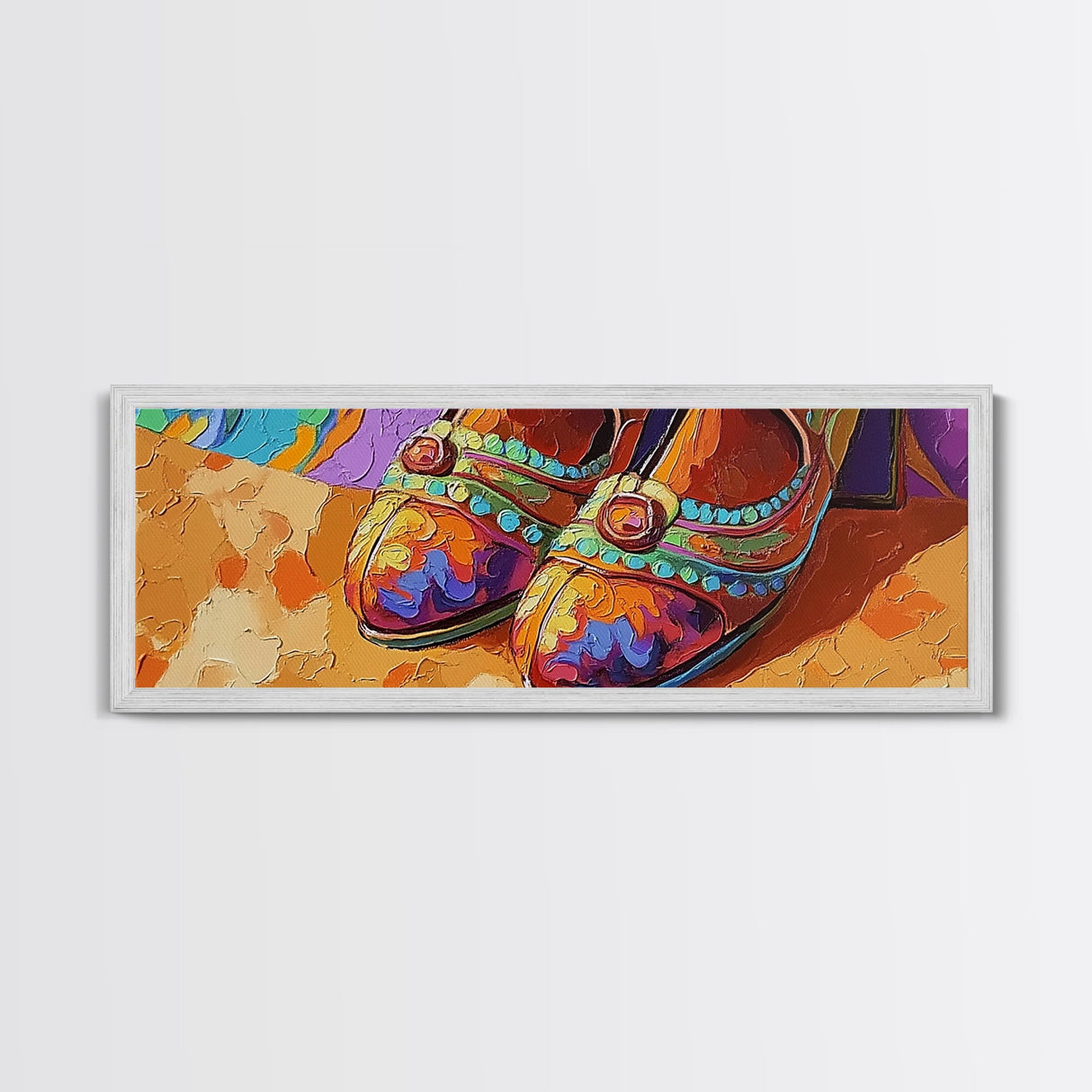 Fiesta Shoes, Mexican Style, Color Pop, Framed Canvas Print, Boho Fashion Wall Art, Entryway Accent Decor, Whimsical Art Style