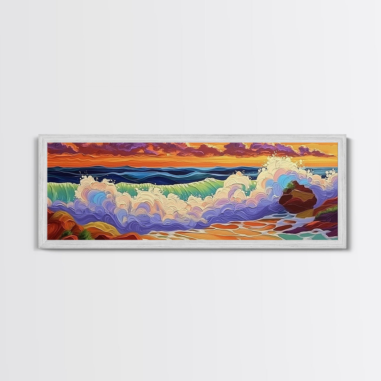 Ocean Waves, Splashing Surf, Bold Colors, Framed Canvas Print, Vibrant Coastal Wall Art, Bathroom Beach Decor, Tropical Ocean Vibes