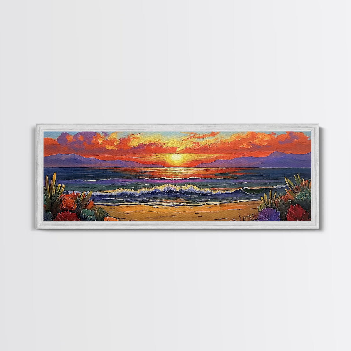Sunset Shoreline Glow, Coastal Floral Painting, Serene Nature Art, Canvas Print, Boho Beach Decor, Living Room or Bedroom Wall Art