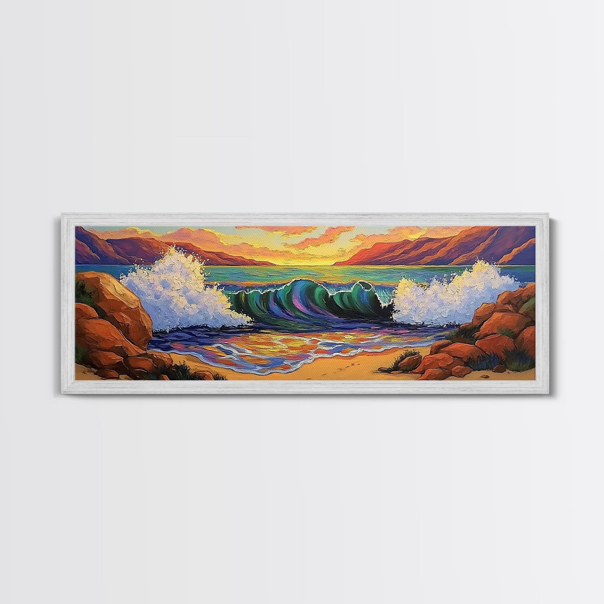 Ocean Power Crash, Colorful Seaside Painting, Bold Wave Art, Framed Canvas Print, Coastal Wall Decor, Beach House Living Room Style