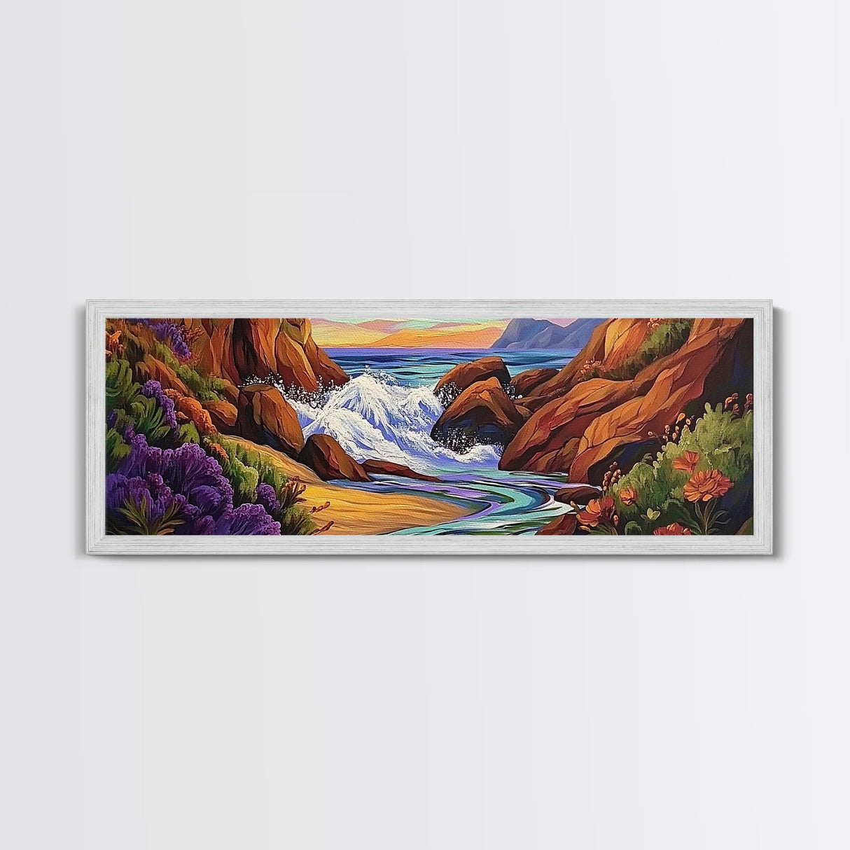 Rocky Shore, Ocean Splash, Sunset Cove, Botanical Scene, Framed Canvas Print, vibrant coastal wall art, beach bathroom decor, ocean vibe