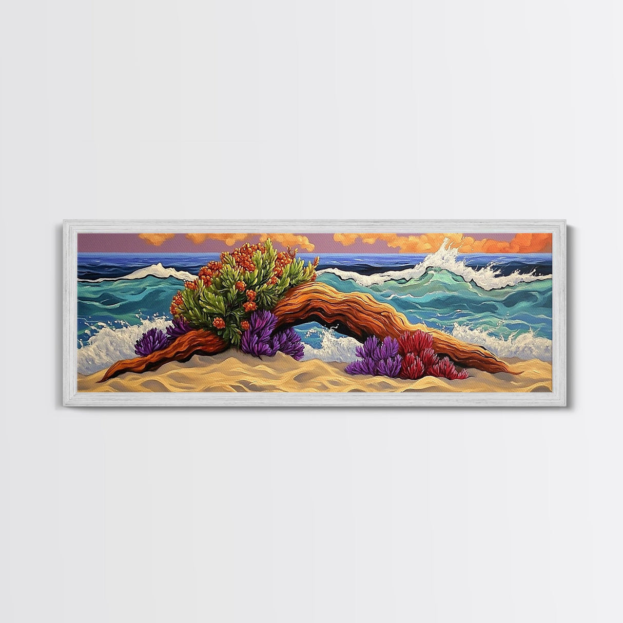 Driftwood Coast, Colorful Ocean, Beach Nature, Framed Canvas Print, Coastal Wall Art, Tropical Living Room Decor, Surreal Seascape Art