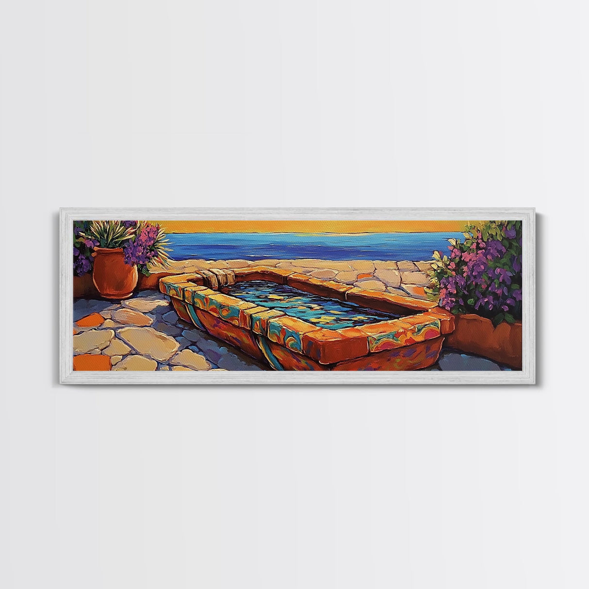 Sunset Garden View, Mediterranean Patio, Vibrant Colors, Coastal Escape, Framed Canvas Print, Bathroom Wall Art, Colorful Outdoor Art