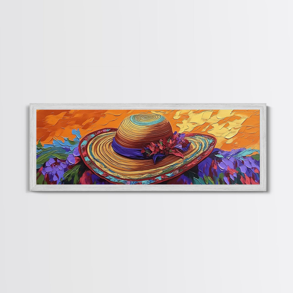 Sun Hat Painting, Floral Accent, Bold Texture, Summer Vibes, Framed Canvas Print, Boho Wall Art, Bedroom or Dressing Room Decor