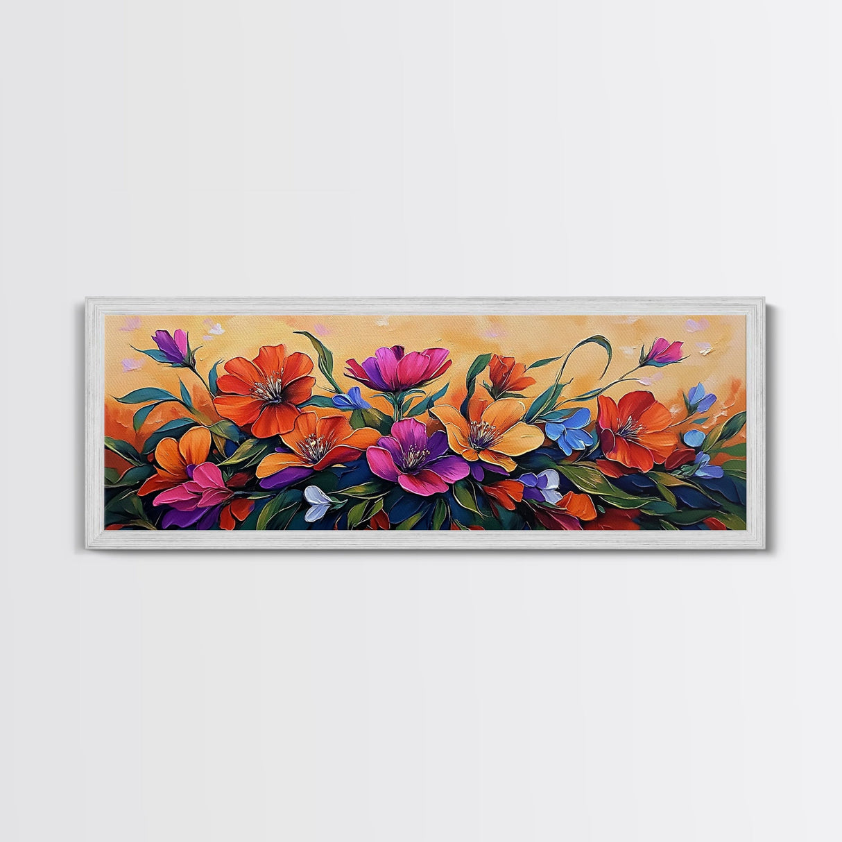 Vibrant Floral Burst, Sunset Garden, Colorful Flowers, Bold Leaves, Canvas Print, Living Room Wall Art, Boho Botanical Style