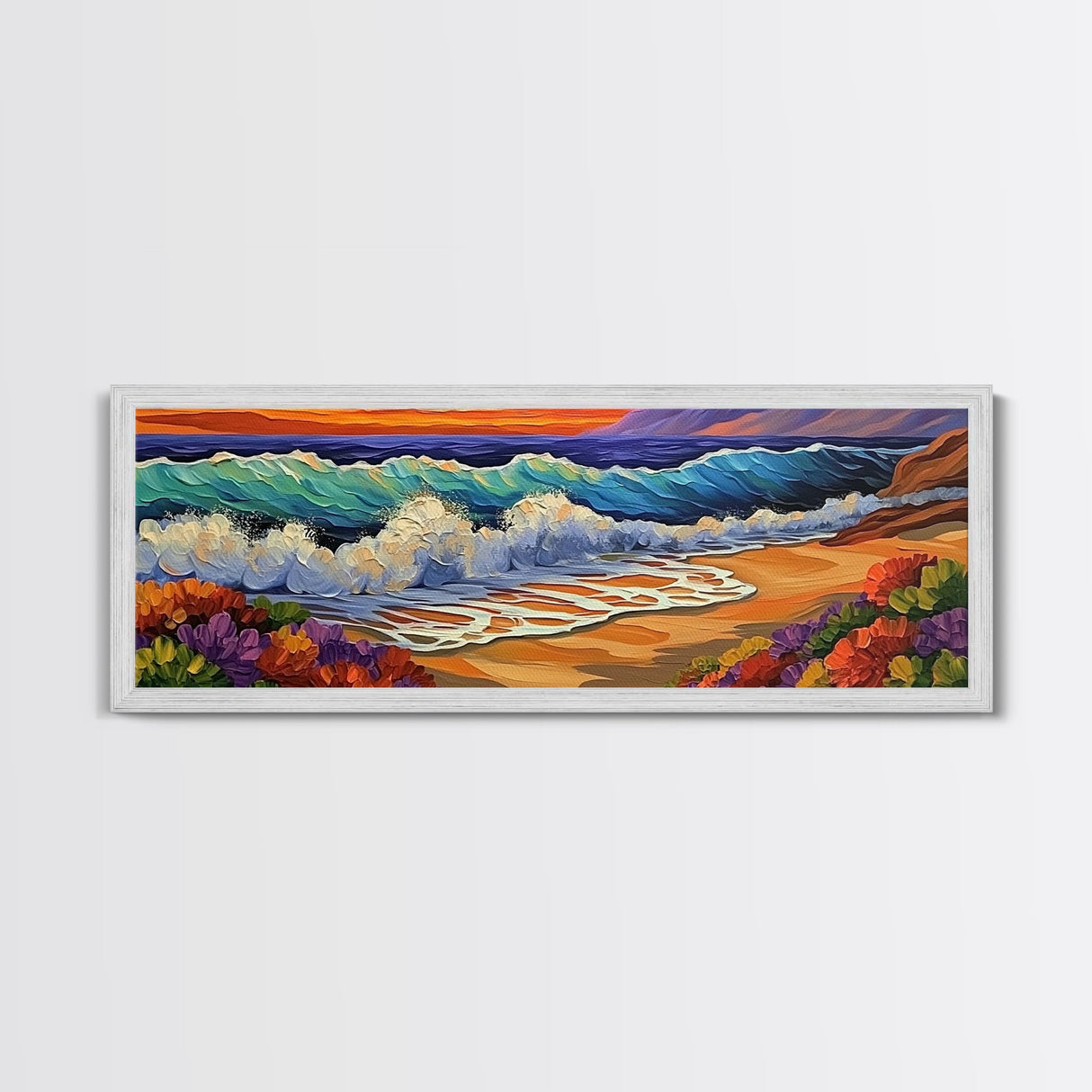 Crashing Waves, Sunset Sea, Bold Ocean Art, Framed Canvas Print, Vibrant Beach Wall Decor, Bathroom Nautical Theme, Color Splash Style