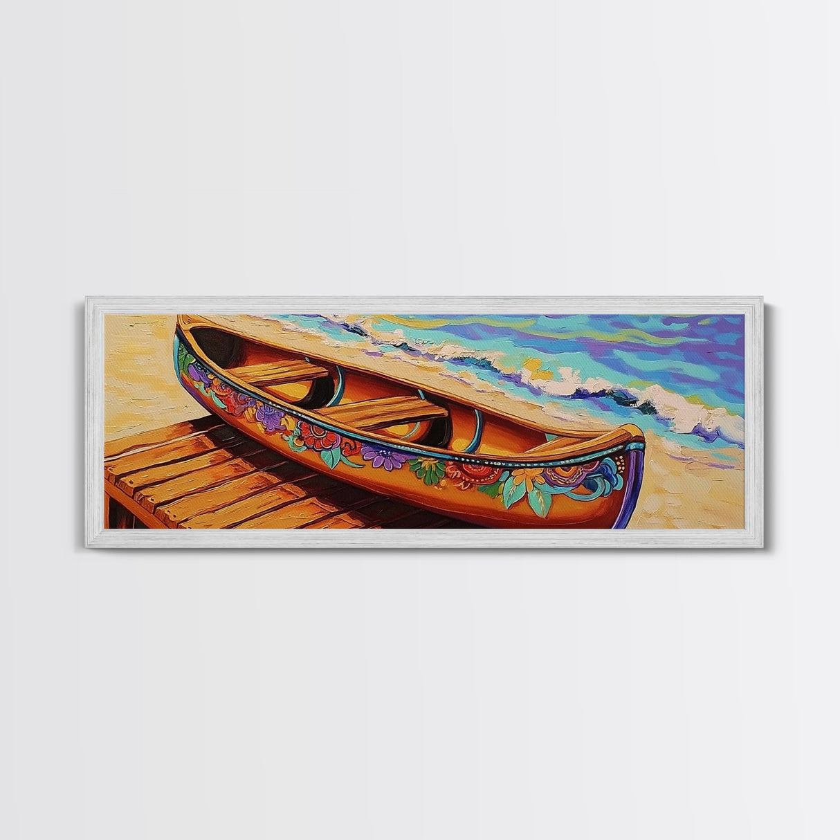 Floral Canoe Painting, Beachside Dock Art, Coastal Decor Accent, Canvas Print, Nautical Wall Art, Boho Beach House Living Room