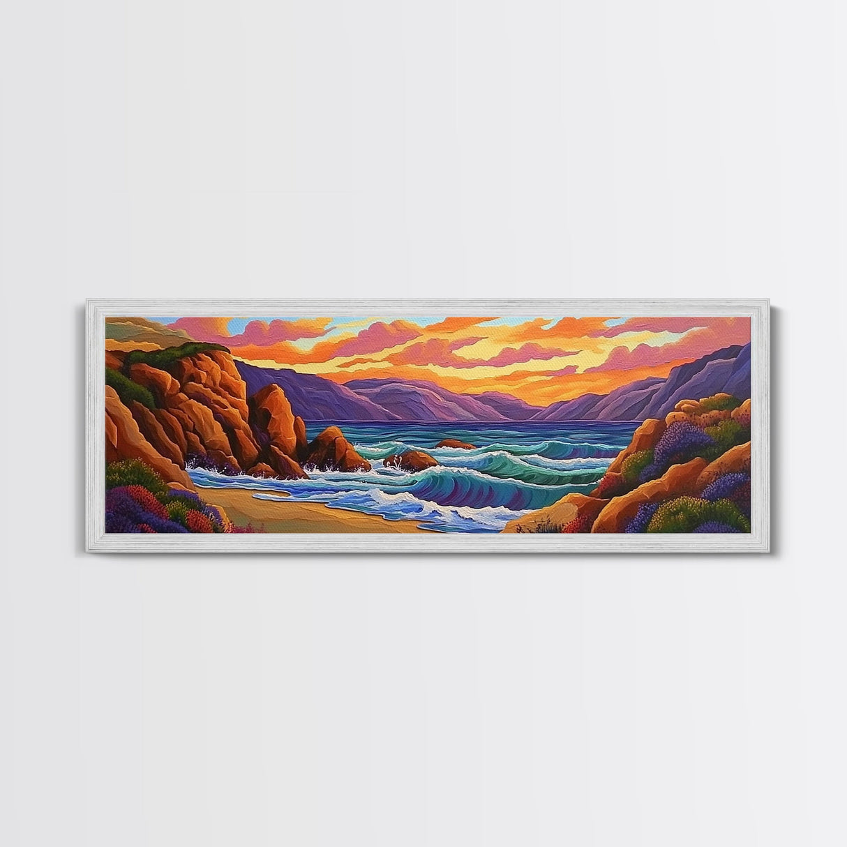 Sunset Coastal Waves, Bold Seascape Painting, Vibrant Ocean Scene, Framed Canvas Print, Beach Wall Art, Nautical Living Room Decor