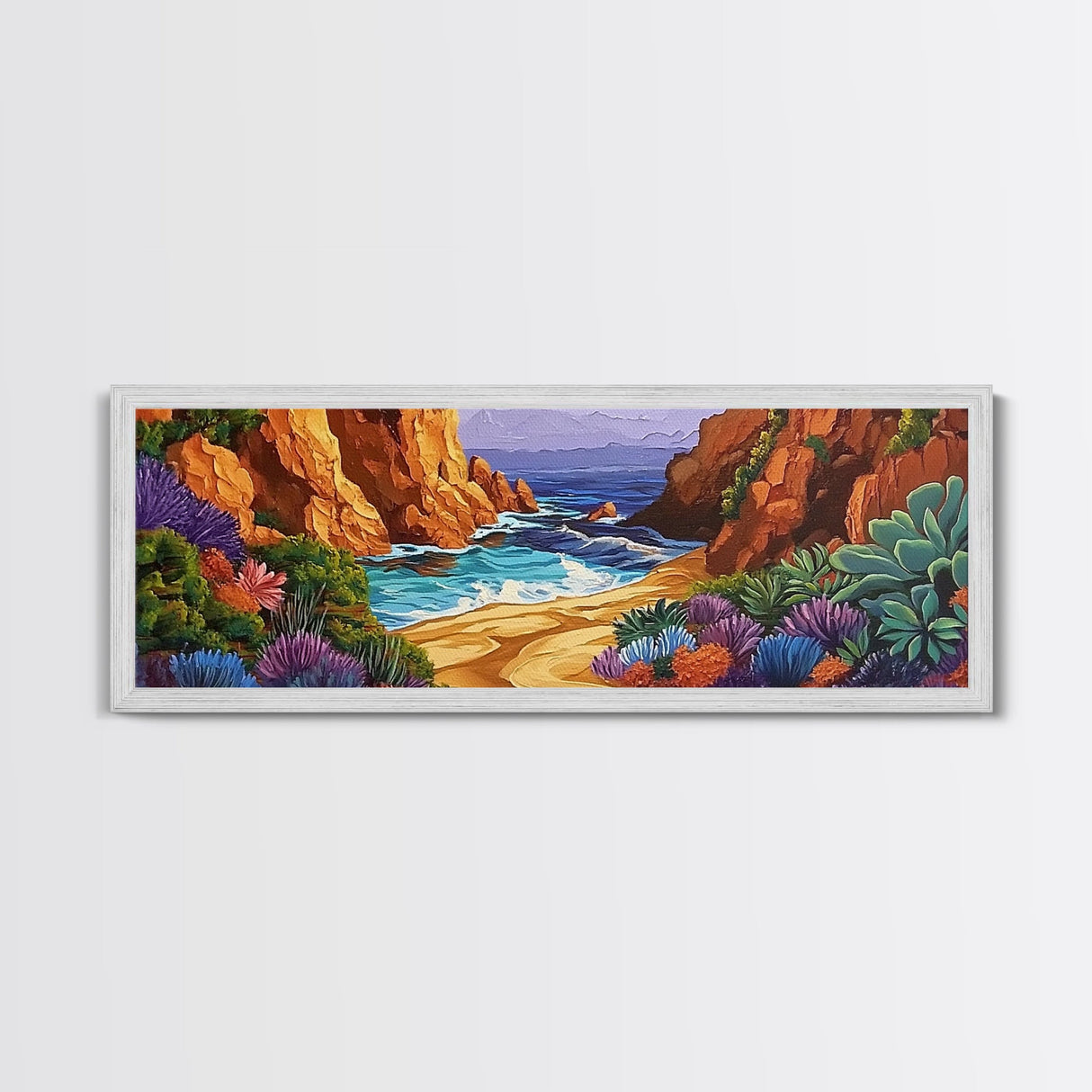 Hidden Cove Painting, Succulent Cliffside Beach, Colorful Ocean Art, Canvas Print, Desert Coastal Wall Art, Boho Nature Decor