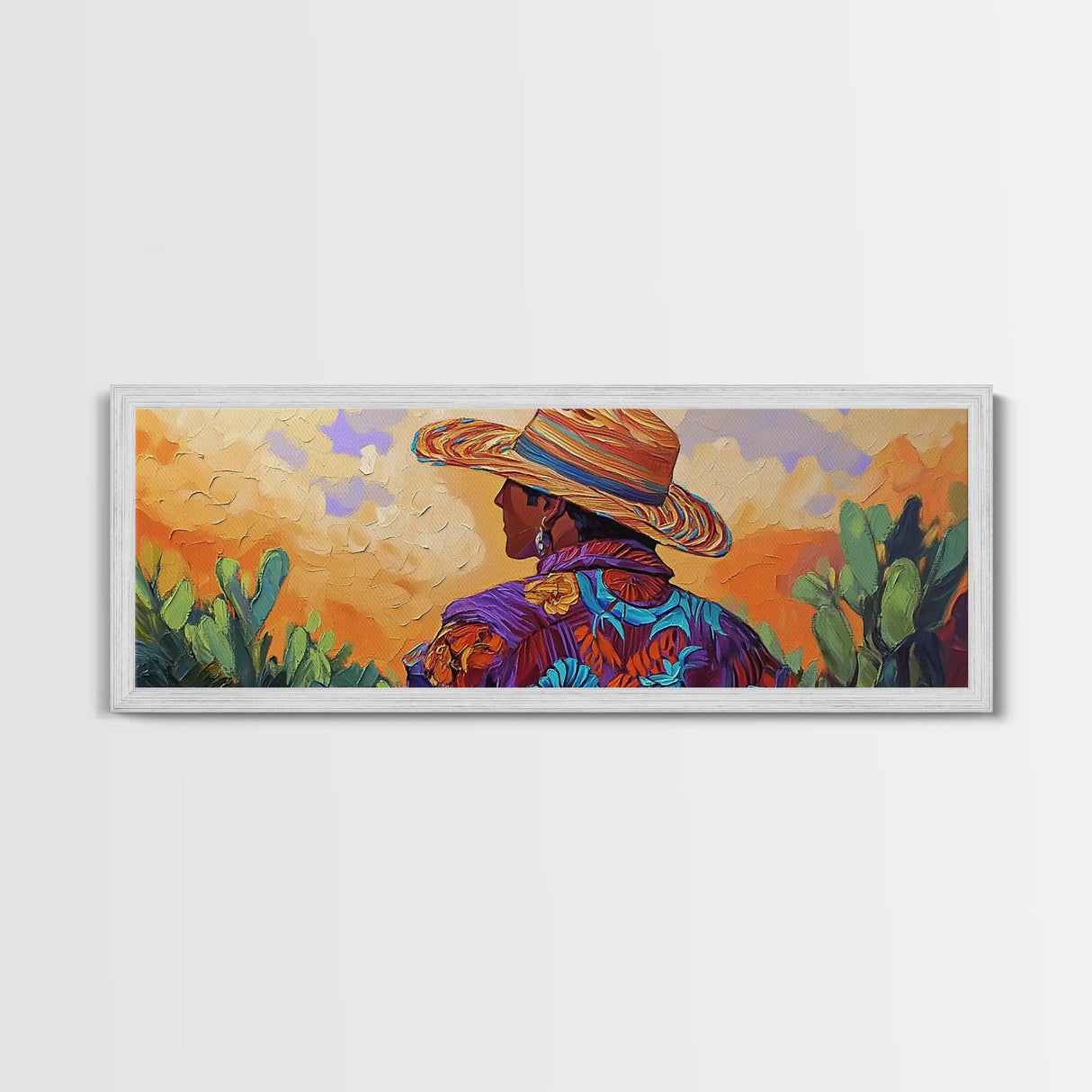 Mexican Cowboy, Sunset Western Portrait, Vibrant Hat Man, Desert Decor, Framed Canvas Print, Boho Art, Rustic Living Room Wall Art