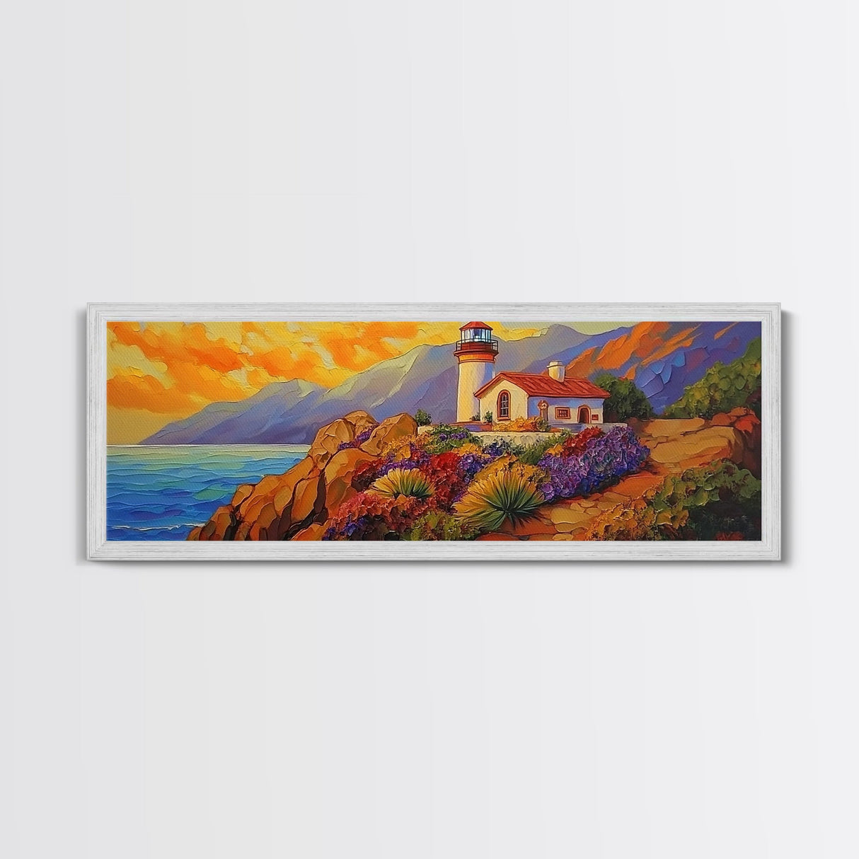 Lighthouse View, Ocean Sunset, Seaside House, Framed Canvas Print, Beach Coastal Decor, Nautical Living Room Art, Bold Color Art