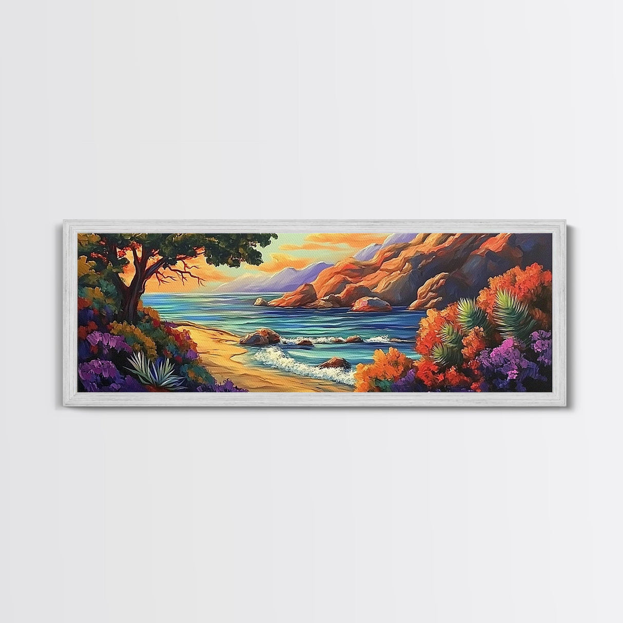 Tranquil Beach, Ocean Breeze, Sunset Cliffs, Canvas Print, Vibrant Seascape Wall Art, Coastal Living Room Decor, Boho Beach Art