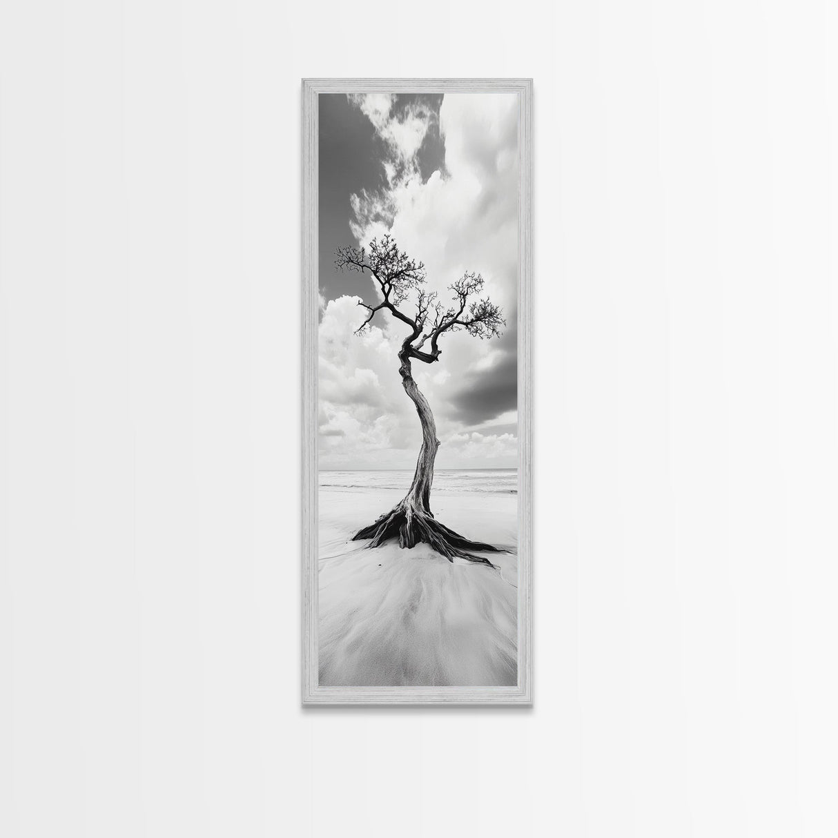 Solitary Tree, Beach Art, Surreal Landscape, Moody Wall Decor, Framed Canvas Print, Meditation Room Art, Monochrome Nature Style