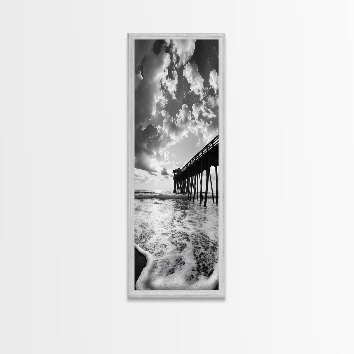 Pier at Sunrise, Ocean Horizon Print, Seascape Photography, Framed Canvas Print, Coastal Bathroom Wall Art, Nautical Theme Decor