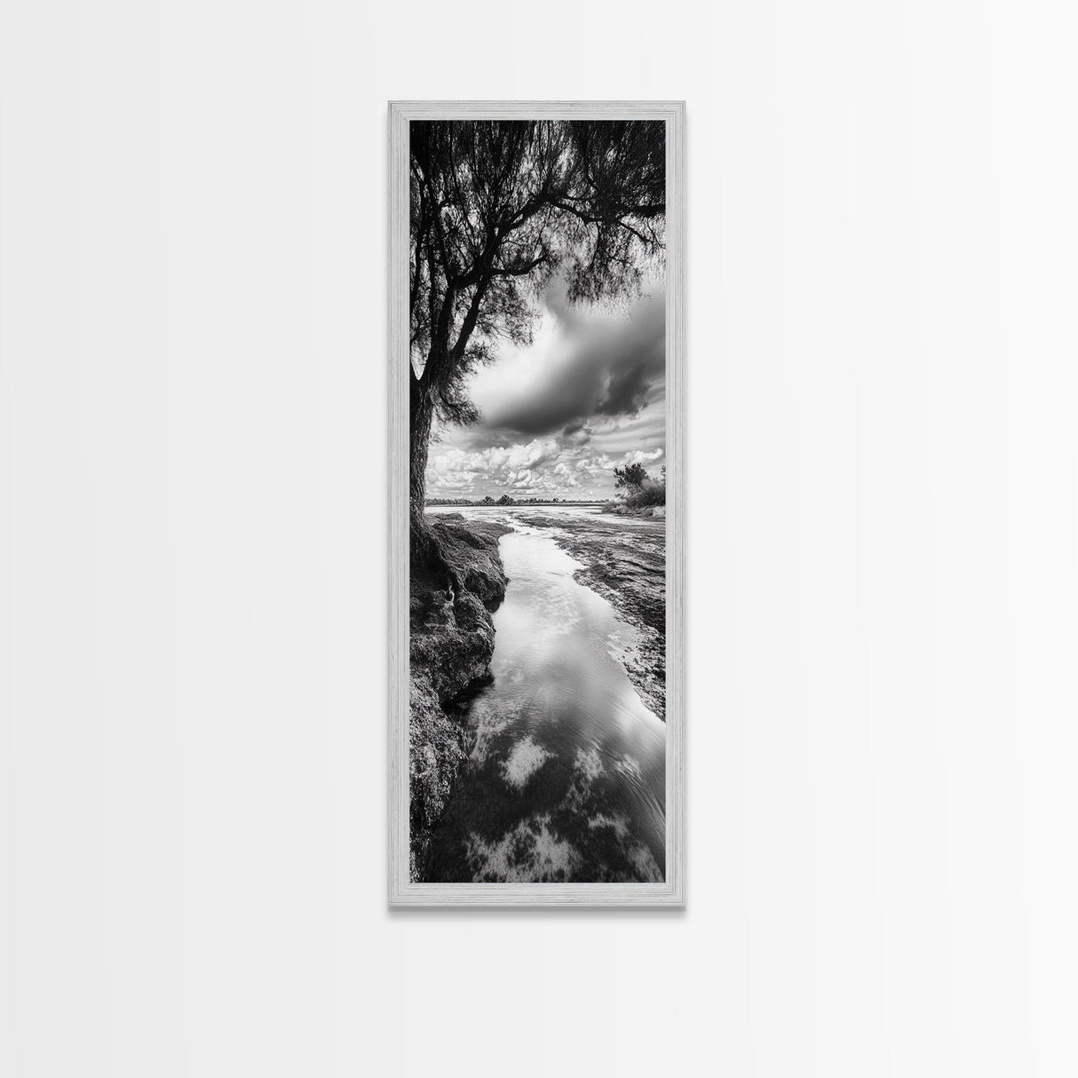 River Through Trees, Tranquil Forest Stream, Reflective Nature Art, Framed Canvas Print, Zen Living Room Wall Decor, Calm Scene