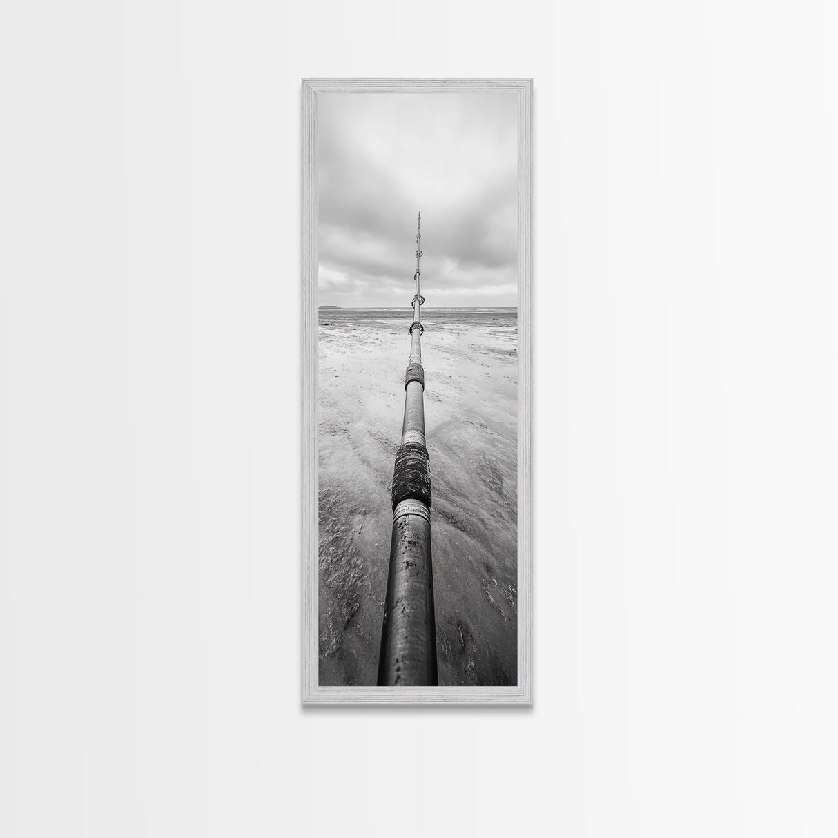 Pipeline Perspective, Industrial Seascape, Grunge Aesthetic, Framed Canvas Print, Coastal industrial art, Minimalist hallway decor, Monochrome print