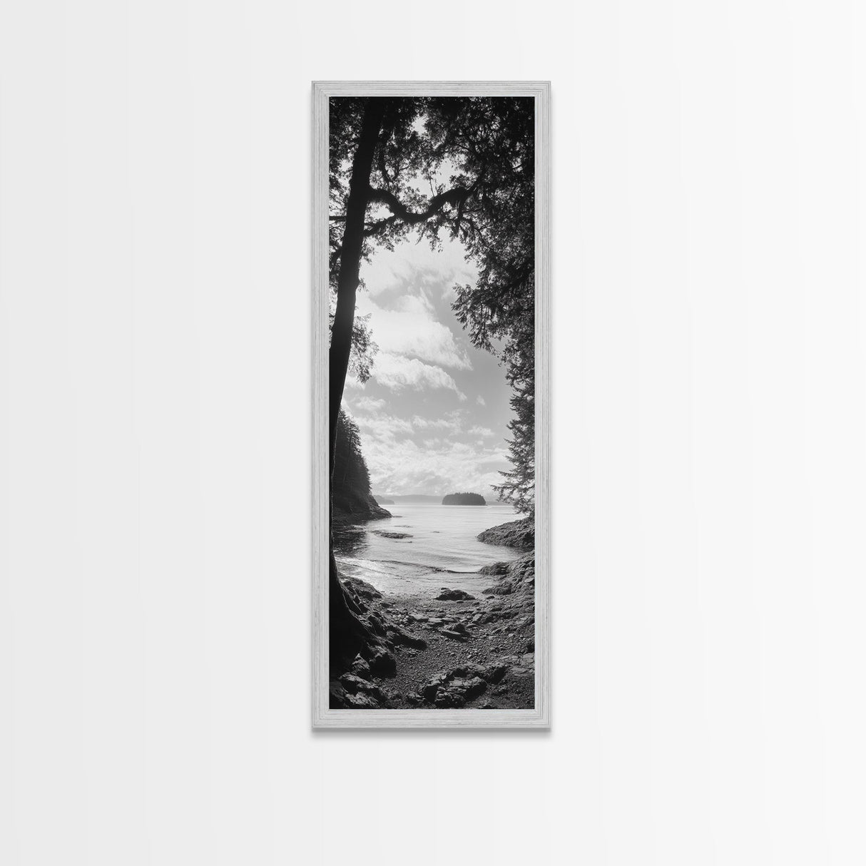 Island View, Forest Coastline, Secluded Shore, Tranquil Ocean Scene, Canvas Print, Boho Decor, Entryway Wall Art, Nature Wall Aesthetic