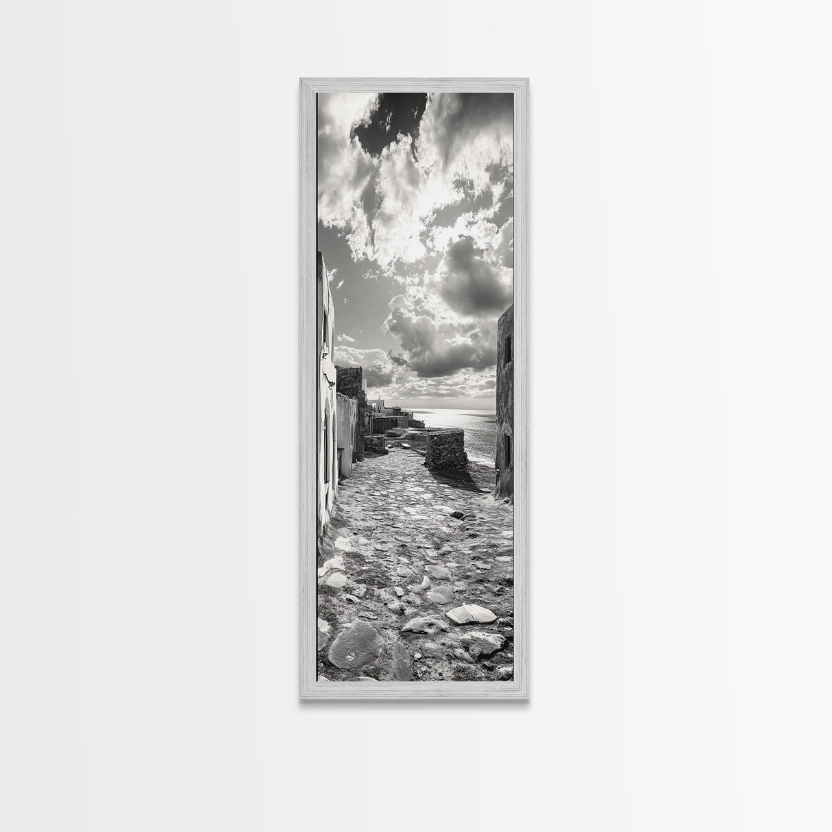 Coastal Street, Ocean View, Mediterranean Charm, Monochrome Photography, Framed Canvas Print, Living Room Print, Kitchen Wall Art