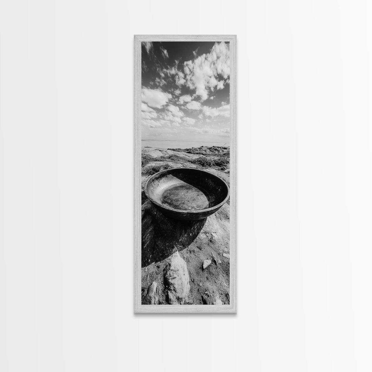 Desert Bowl, Coastal Landscape, Black and White Texture, Minimal Earth Tones, Framed Canvas Print, Rustic Farmhouse Kitchen Wall Art
