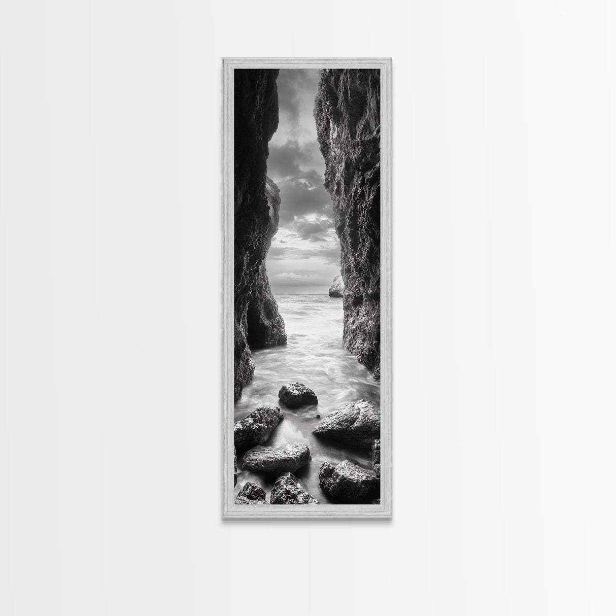 Rocky Passage, Seaside View, Cave Entrance, Dramatic Nature Scene, Framed Canvas Print, Moody Black and White Bedroom Wall Art, Hallway Decor
