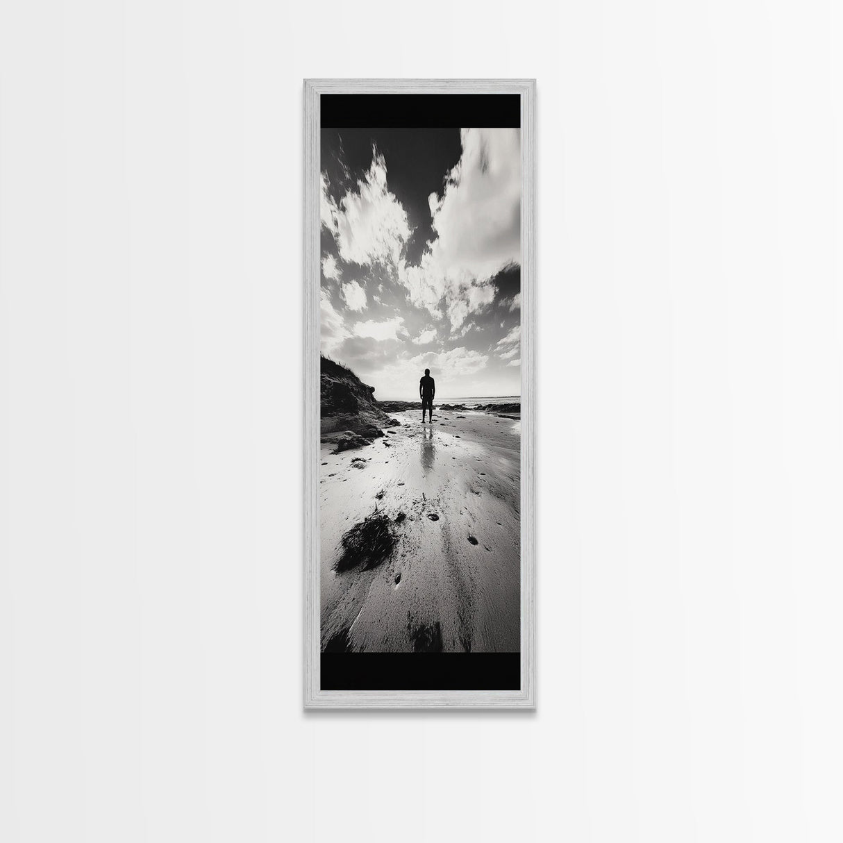 Lone Beach Walker, Dramatic Sky, Ocean Reflections, Solitude Moment, Framed Canvas Print, Hallway Wall Art, Moody Minimalist Decor