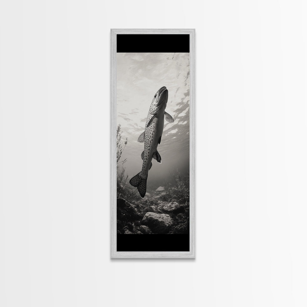 Rising Trout, Underwater Fish, Nature Close-Up, Canvas Print, Cabin Wall Art, Rustic Decor, Fishing Lover Gift, Black and White Art