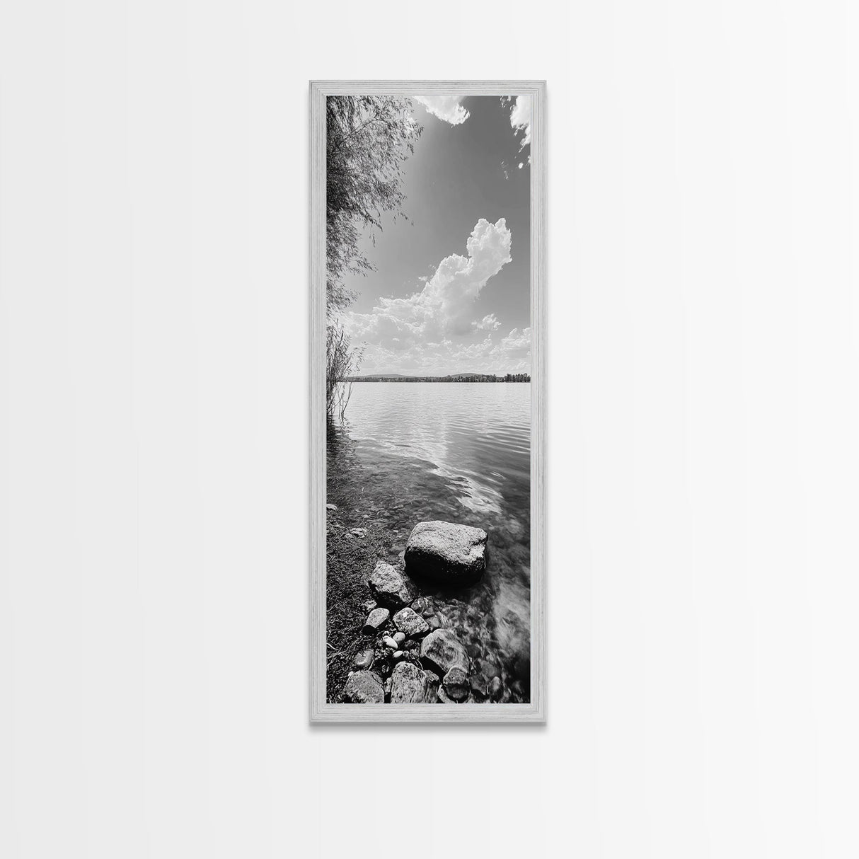 Peaceful Lake, Cloud Reflection, Shoreline Stones, Framed Canvas Print, Guest Room Wall Art, Nature Inspired Decor, Minimalist Landscape