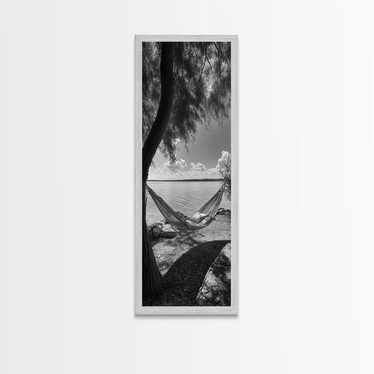 Hammock Dreams, Coastal Rest, Lakeside Retreat, Chill Vibes, Framed Canvas Print, Boho Wall Art, Serene Bedroom Art, Relaxation Inspired Decor