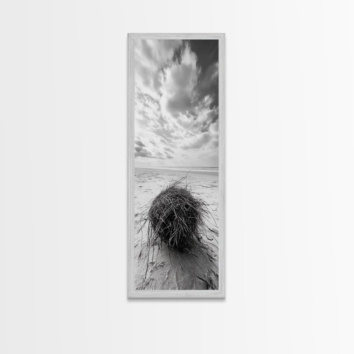 Beach Tumbleweed, Windy Dune, Coastal Drift, Seaside Simplicity, Monochrome Shoreline Framed Canvas Print, Bathroom Beach Wall Decor