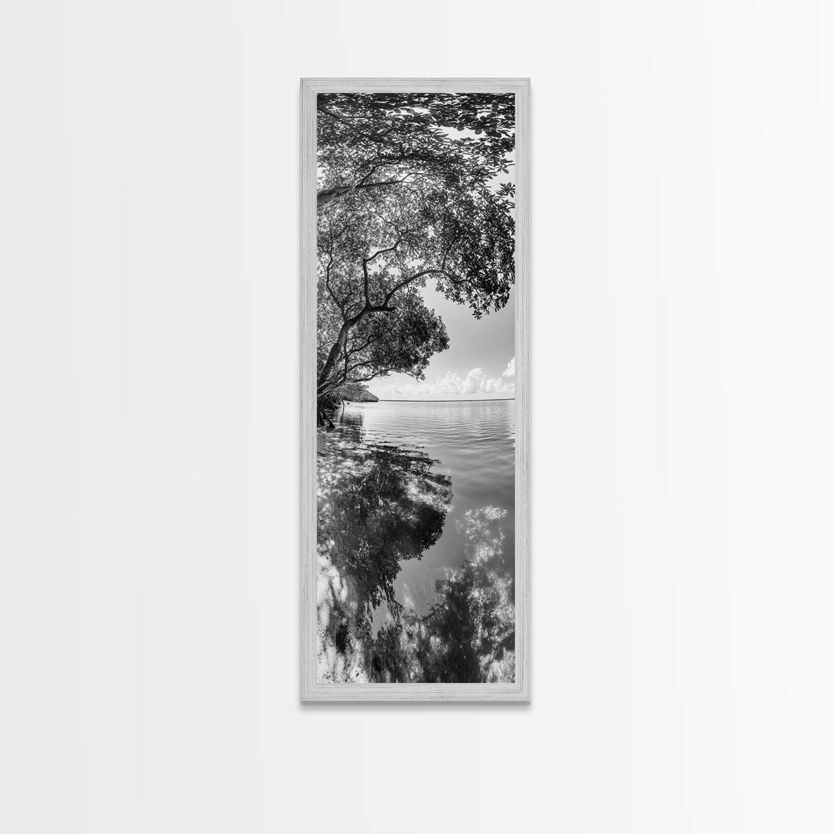 Mangrove Shoreline, Tree Reflections, Still Waters, Tranquil Escape, Black White Nature Framed Canvas Print, Zen Wall Art Entryway Decor