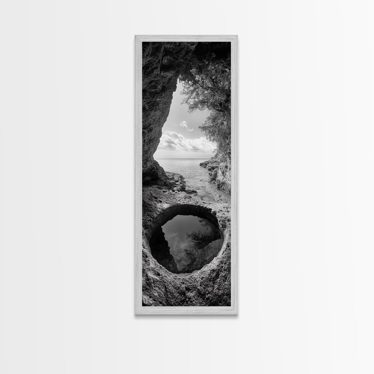 Ocean Cave, Coastal View, Natural Tide Pool, Canvas Print, Bathroom Wall Art, Seaside Decor, Minimalist Landscape, Black and White Art
