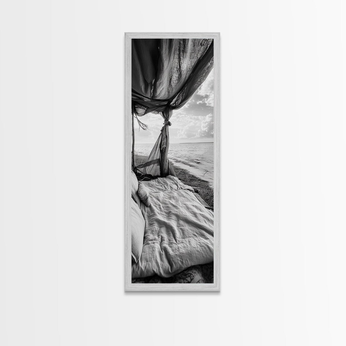 Coastal Bed View, Ocean Canopy, Seaside Rest, Framed Canvas Print, Boho Bedroom Wall Art, Rustic Beach Photography, Nature Retreat Decor