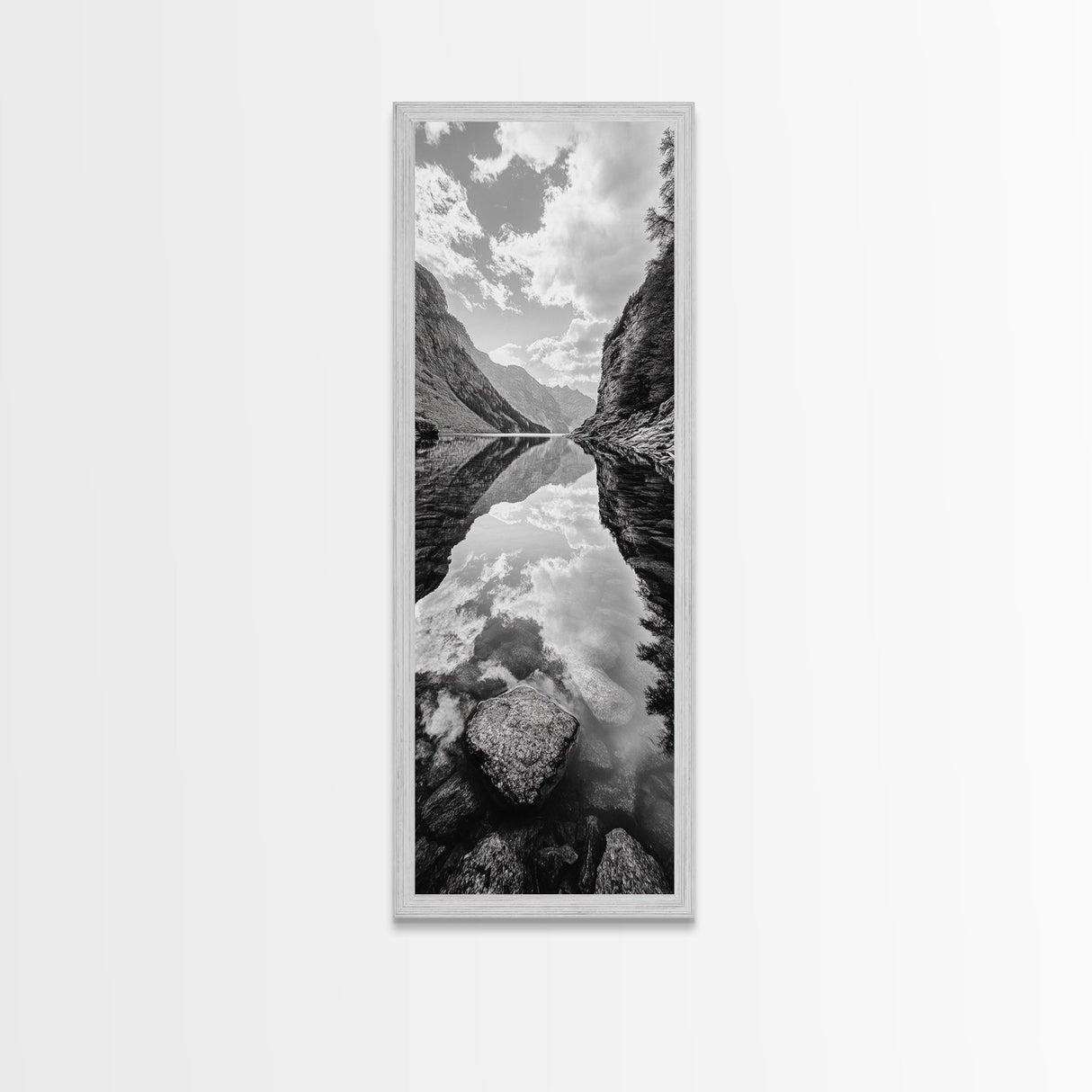 Reflective Lake, Cloud Mirror, Mountain Calm, Canvas Print, Serene Bedroom Wall Art, Nature Tranquility, Scandinavian Landscape Style