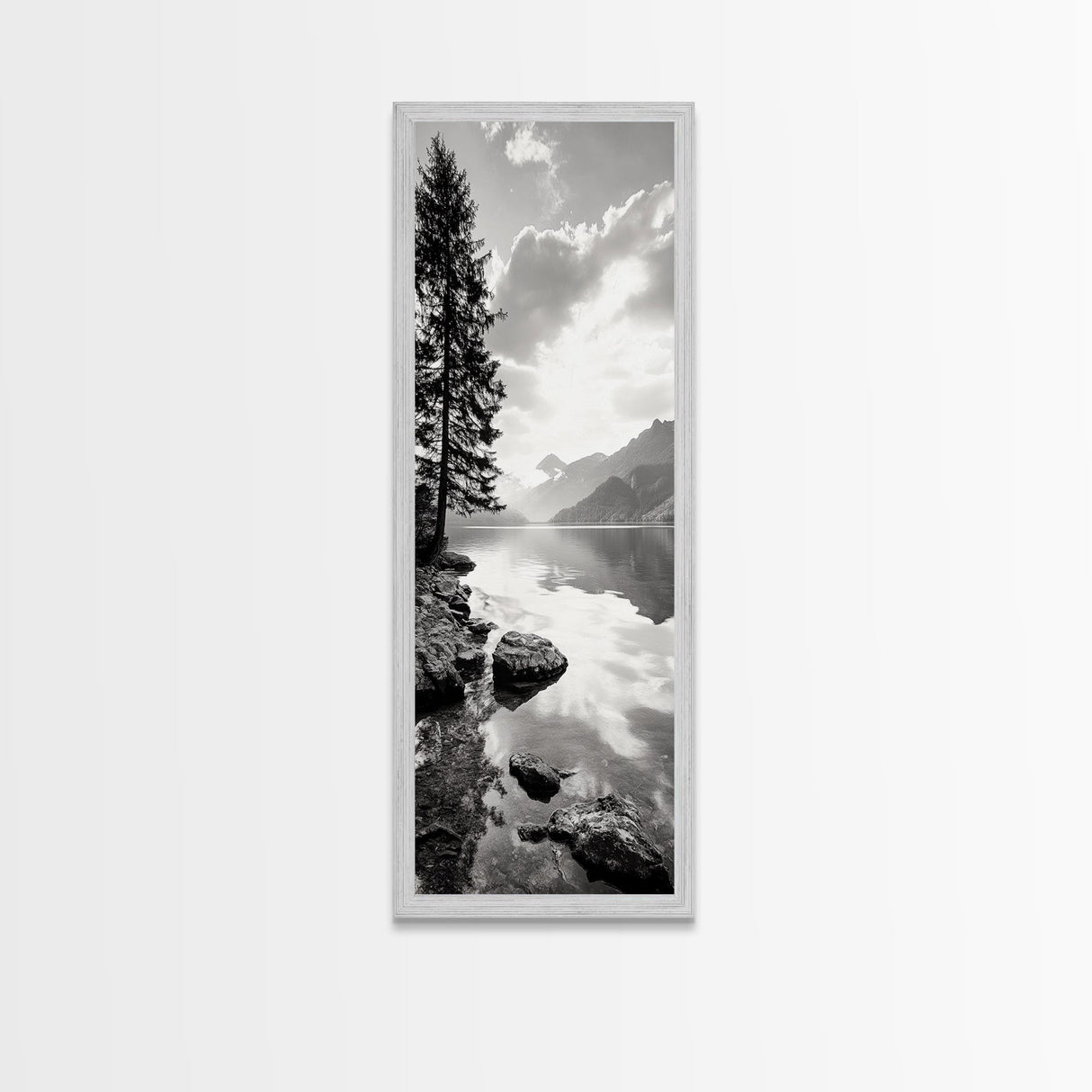 Mountain Lake Peace, Still Water View, Nature Escape, Framed Canvas Print, Living Room Wall Art, Nordic Cabin Decor, Minimal Landscape
