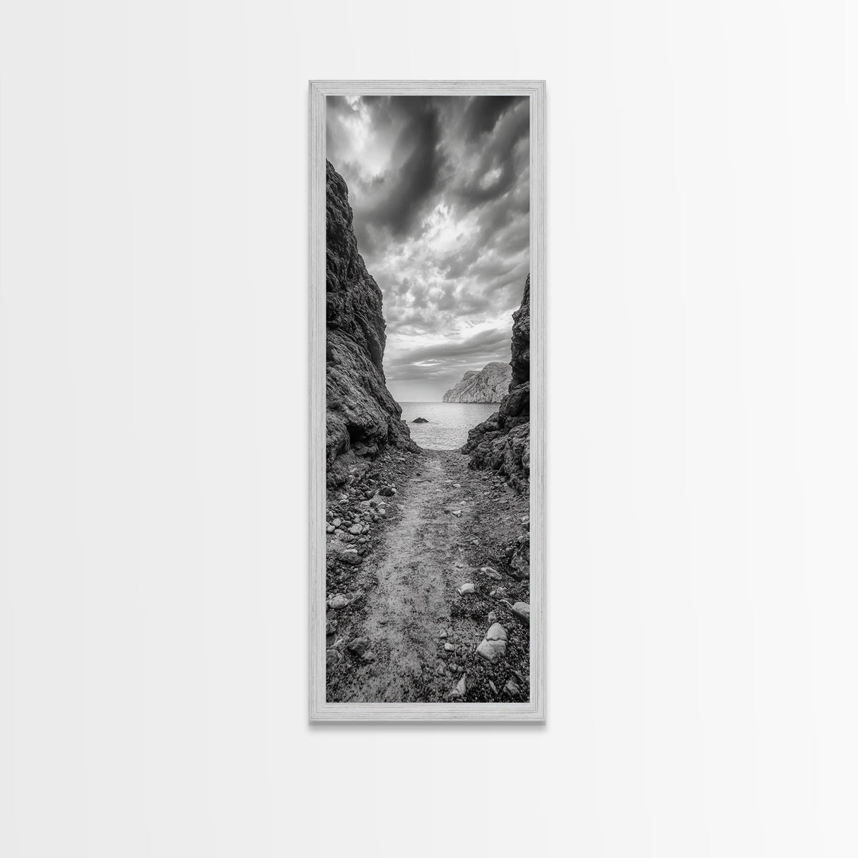 Rocky Pathway, Seaside Trail, Cloudy Horizon, Framed Canvas Print, Moody Coastal Wall Art, Nature Inspired, Monochrome Travel Decor
