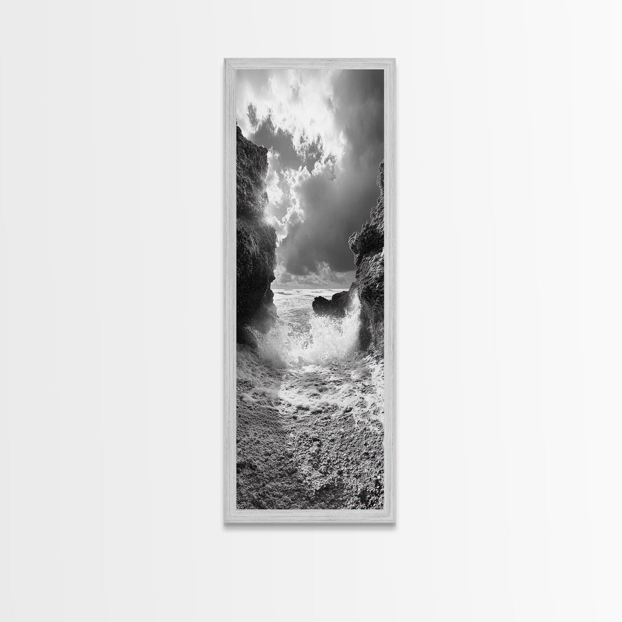 Wave Crash Rocks, Ocean Drama Scene, Moody Beach Photography, Coastal Kitchen Decor, Framed Canvas Print, Nautical Wall Art