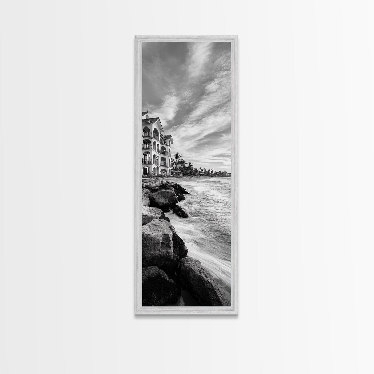 Coastal Resort Scene, Waves Rocks Hotel, Tropical Vacation Art, Beach House Wall Decor, Canvas Print, Living Room Style, Coastal Minimalist