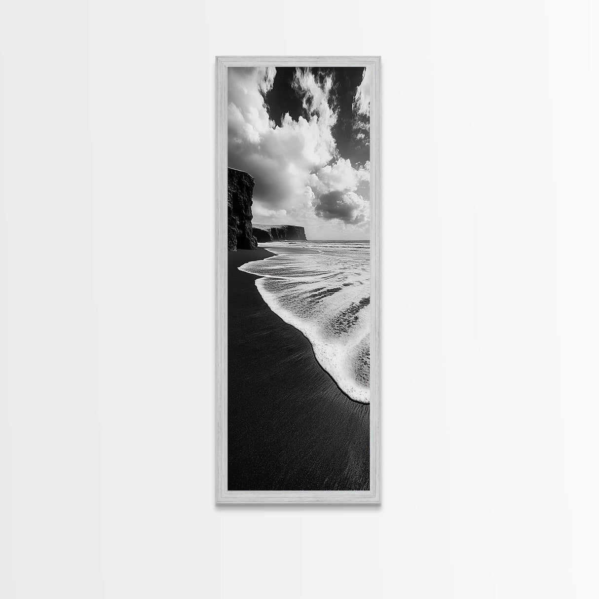 Shoreline Edge, Ocean Waves, Coastal Horizon, Framed Canvas Print, Black and White Beach Art, Bathroom Art, Entryway Wall Decor