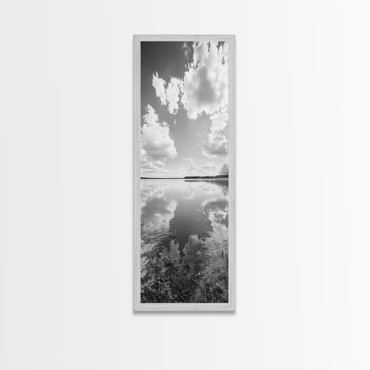 Lake Reflection, Calm Waters, Cloudy Sky, Minimalist Landscape, Framed Canvas Print, Neutral Living Room Art, Tranquil Nature Scene