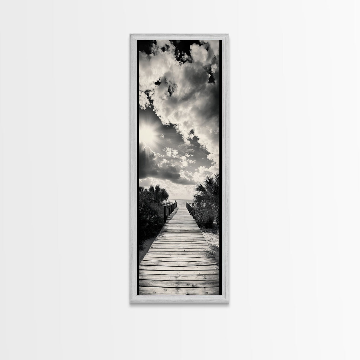 Boardwalk Path, Coastal Sunset, Palm Trees, Framed Canvas Print, Beach Walkway Wall Art, Entryway or Living Room Coastal Decor