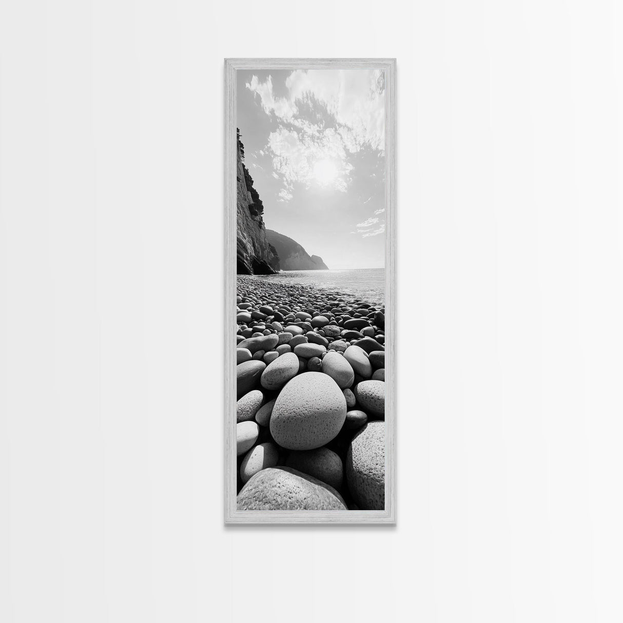 Rocky Beach View, Ocean Horizon, Sunrise Light, Framed Canvas Print, Relaxing Bedroom Wall Art, Modern Coastal Photography, Bathroom Wall Art